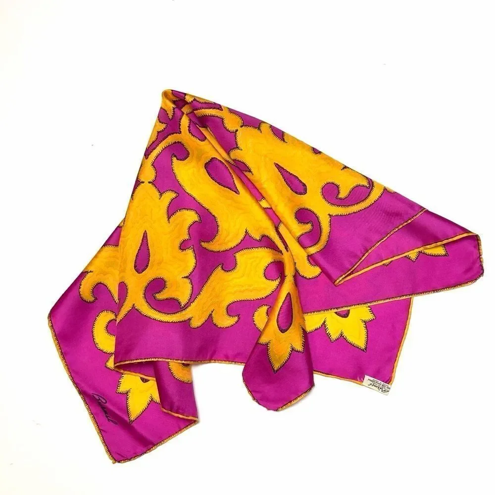 Burmel Twill Silk Scarf Fuchsia Yellow Moroccan-style Pattern Hand Rolled Japan